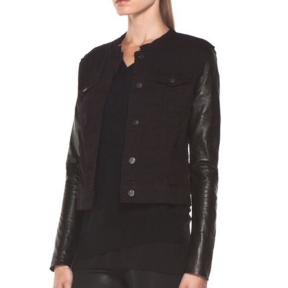 J Brand Blackened Leather Sleeve Denim Jacket in NOIR RED - Picture 5 of 7